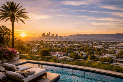 Luxury hillside estate with infinity pool overlooking Beverly Hills at sunset, showcasing refined living and relocation lifestyle