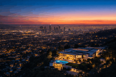 Ultra-luxury Los Angeles hillside estate overlooking the city skyline at sunset