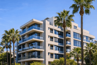 Southwest Doheny Beverly Hills neighborhood with luxury condos and palm trees